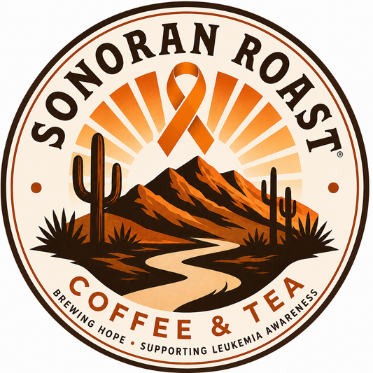 Sonoran Roast Coffee And Tea logo featuring an orange leukemia awareness ribbon, Arizona desert mountains, and sunrise.