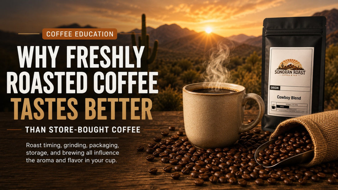 Steaming coffee, freshly roasted beans, and Sonoran Roast Cowboy Blend in the Sonoran Desert at golden hour.