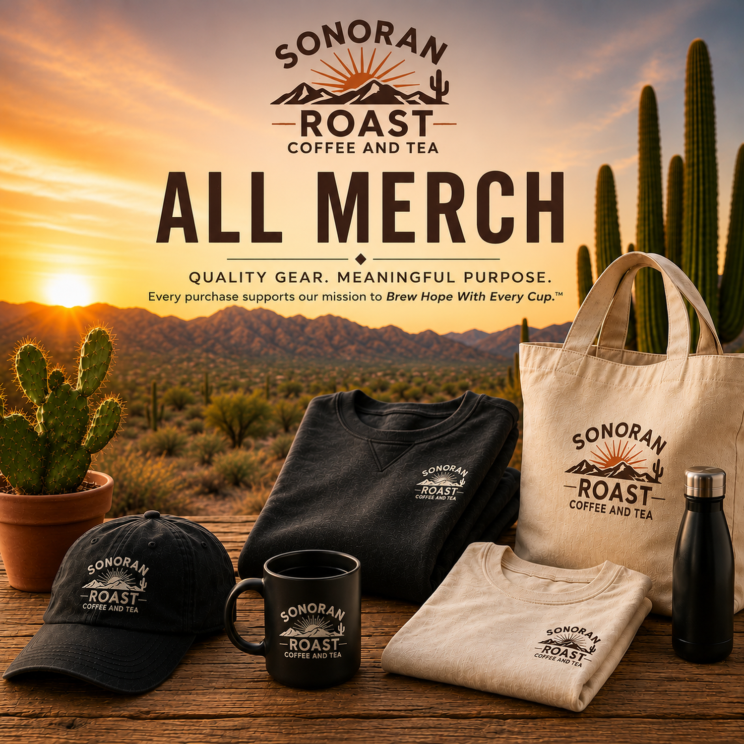 Sonoran Roast Coffee And Tea All Merch collection hero featuring branded hats, shirts, sweatshirt, mug, tote bag, and drinkware in a warm Arizona desert sunset scene