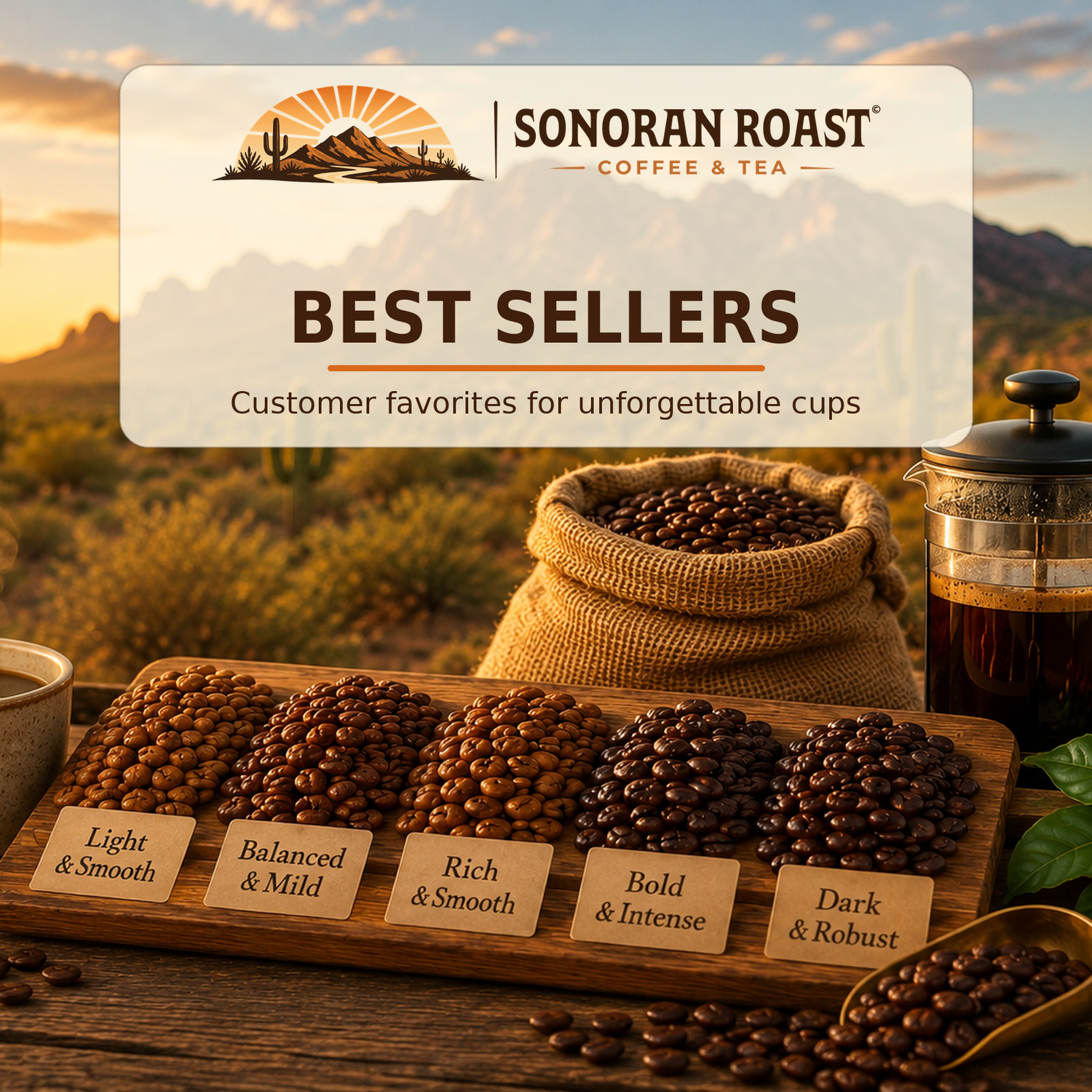 Sonoran Roast Coffee And Tea Best Sellers Collection featuring roasted coffee beans, a steaming cup, and a French press in a golden Sonoran Desert setting.