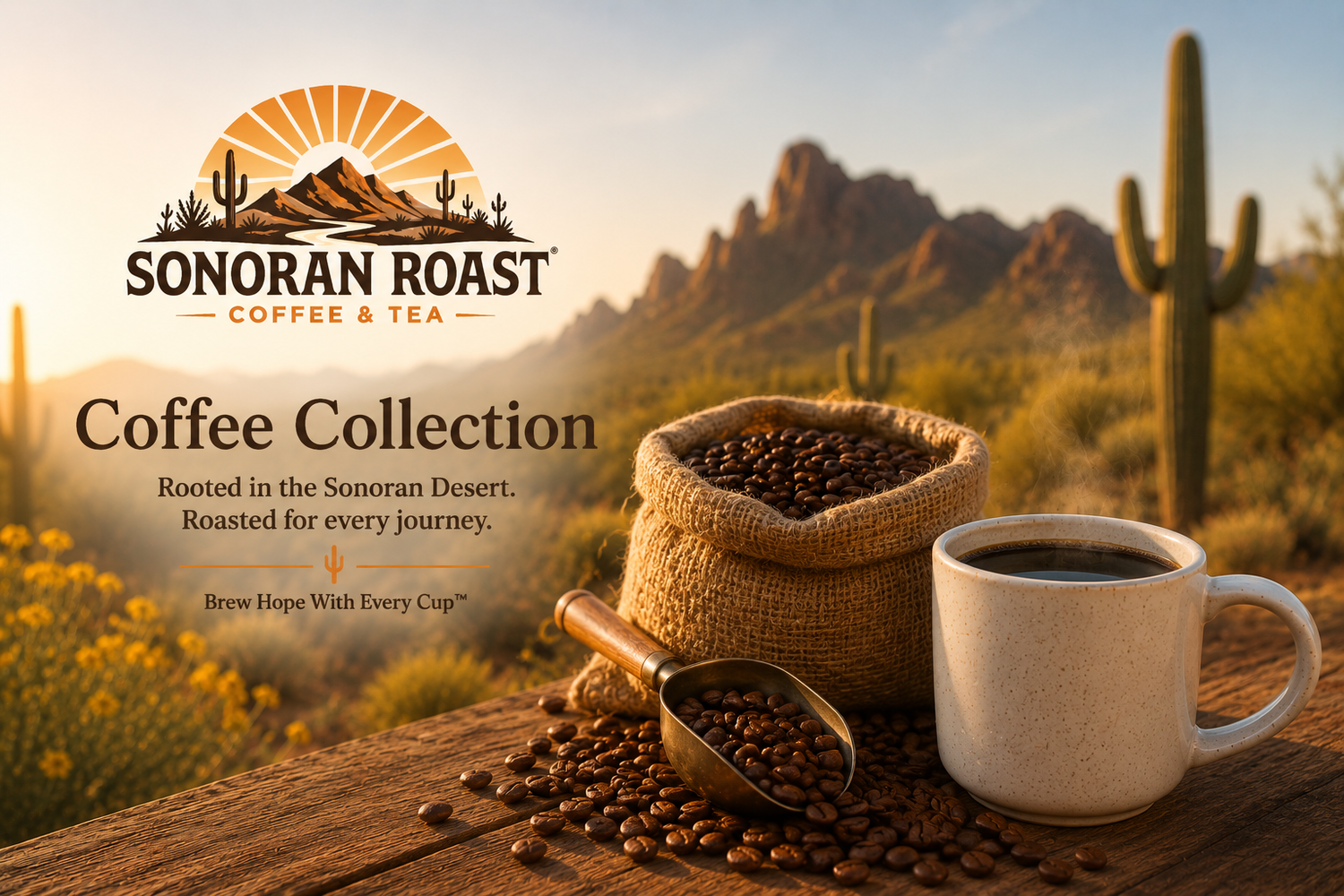 Freshly roasted coffee beans, a steaming cup of coffee, and desert mountains at golden hour for the Sonoran Roast Coffee Collection.