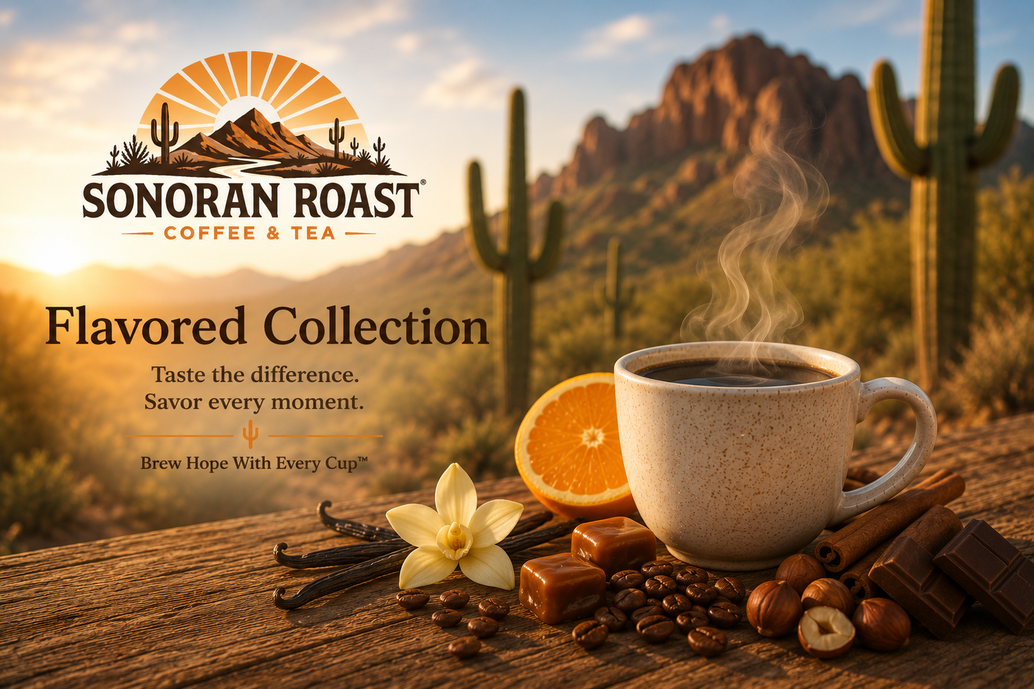 Flavored coffee with vanilla, caramel, chocolate, cinnamon, and hazelnuts in a warm Sonoran Desert setting.
