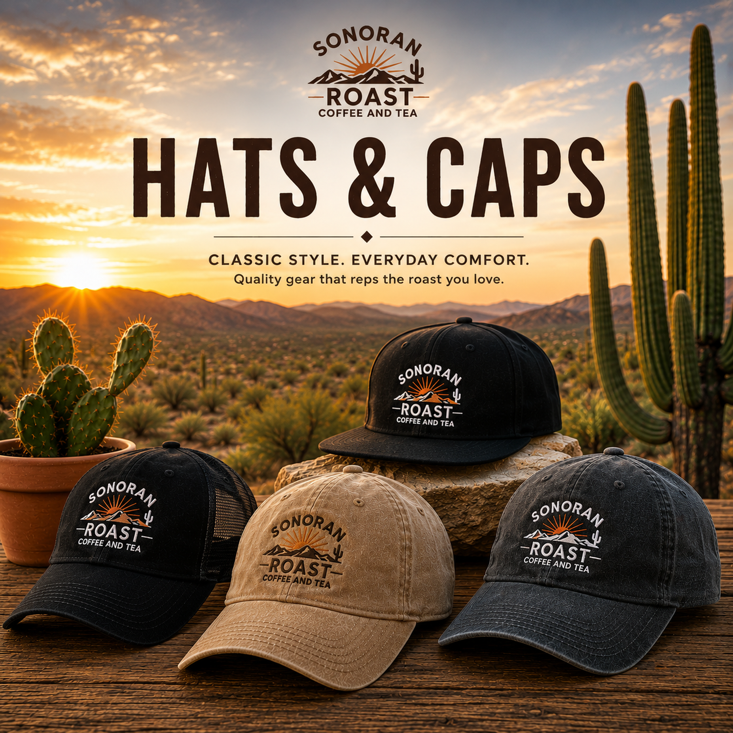 Sonoran Roast Coffee And Tea Hats & Caps collection hero featuring branded caps in a warm Sonoran Desert sunset setting