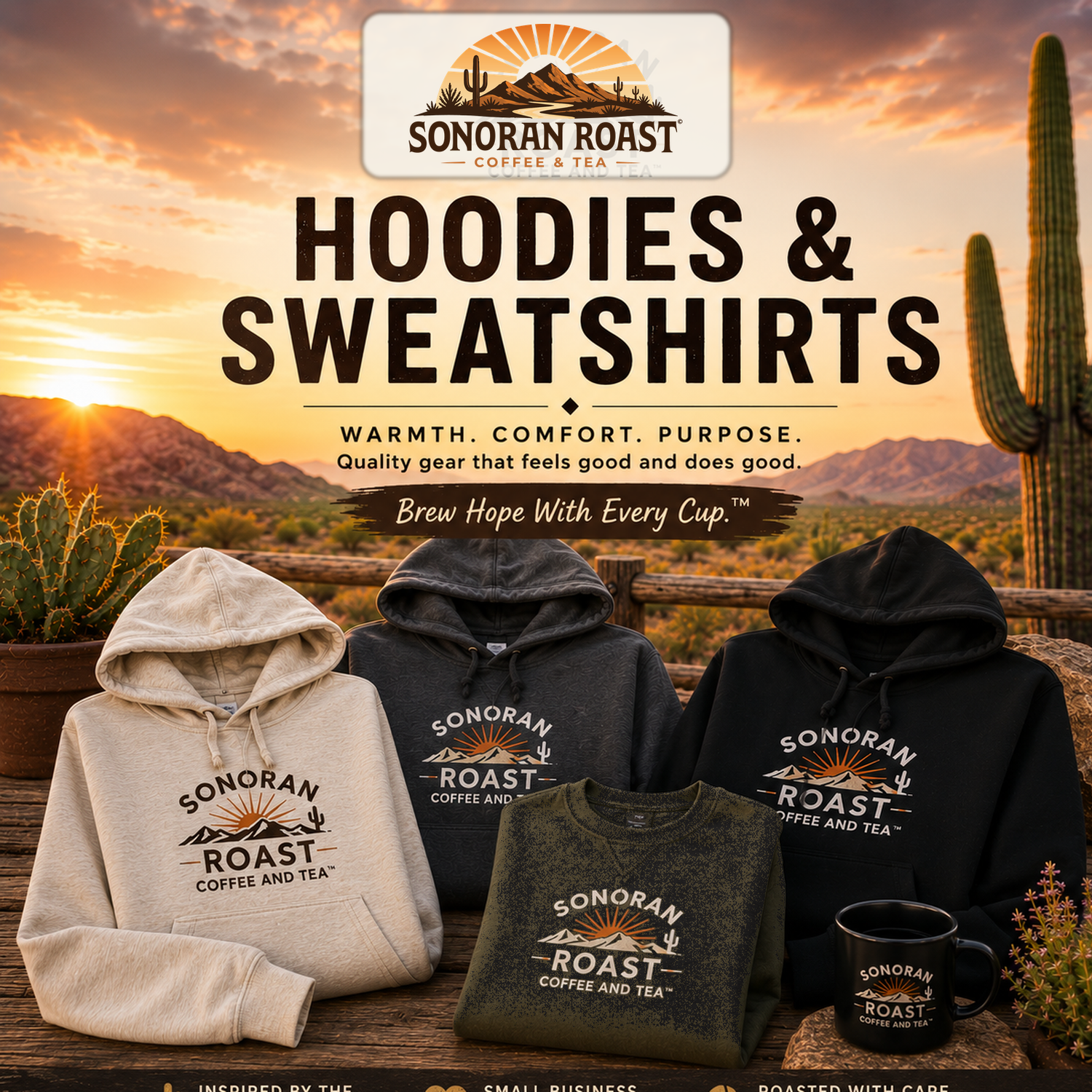 Sonoran Roast Coffee And Tea Hoodies & Sweatshirts collection hero featuring branded hoodies and a crew neck sweatshirt in a warm Sonoran Desert sunset scene with the Brew Hope With Every Cup™ trademark