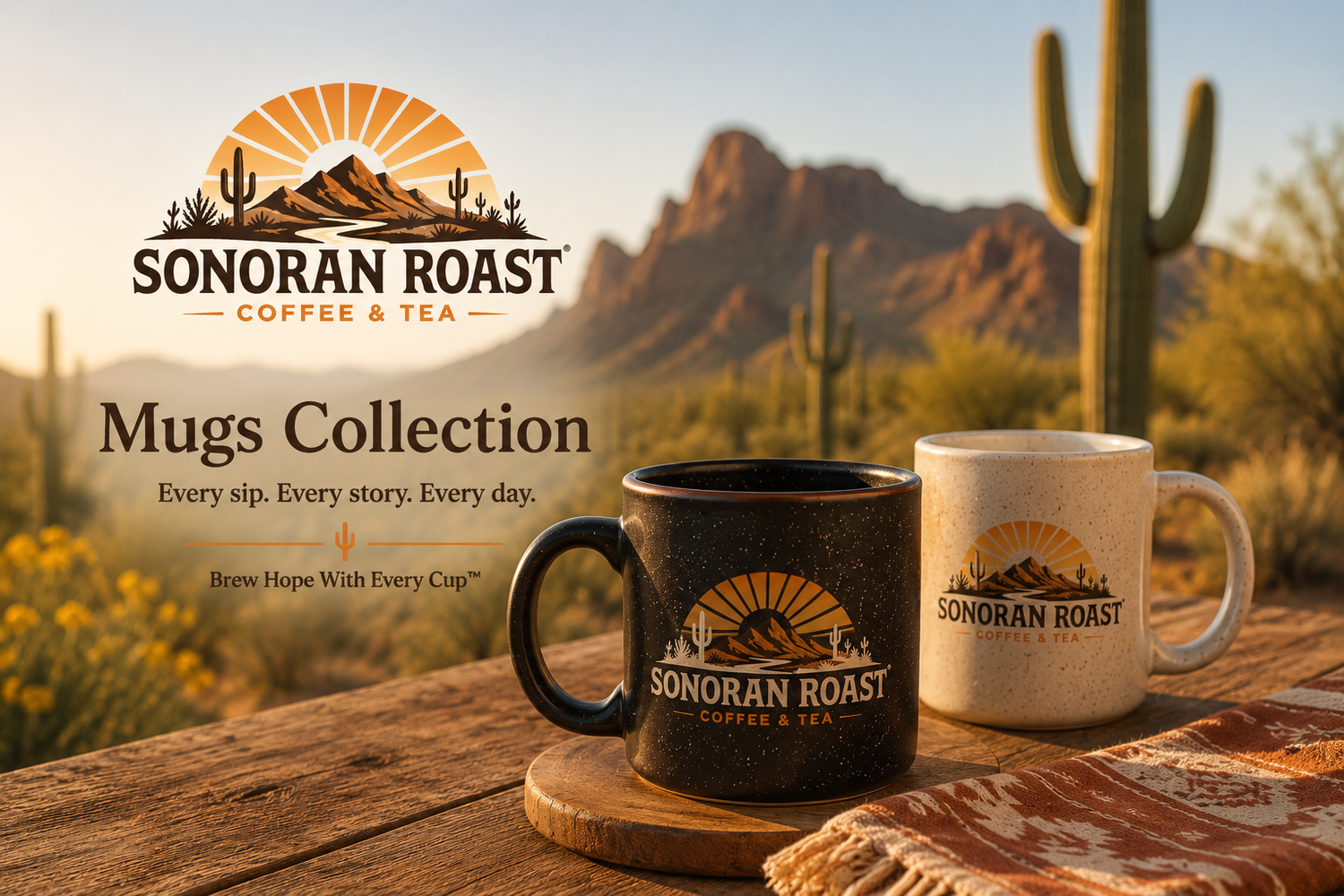 Sonoran Roast Coffee And Tea branded mugs on a rustic table in the Arizona desert at golden hour.