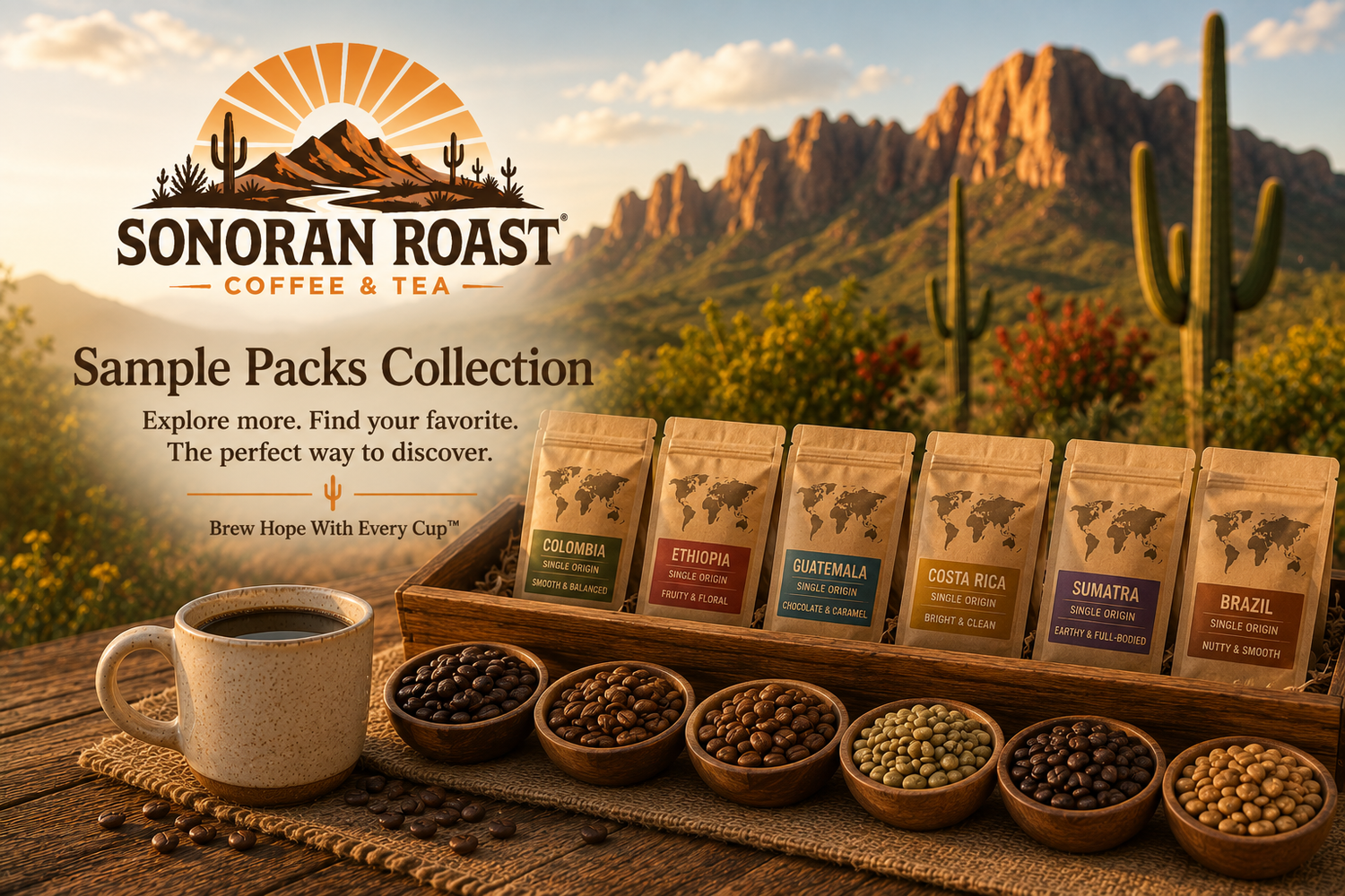 A curated coffee tasting assortment with sample-size coffee bags, roasted beans, and a fresh cup in a warm Sonoran Desert setting.