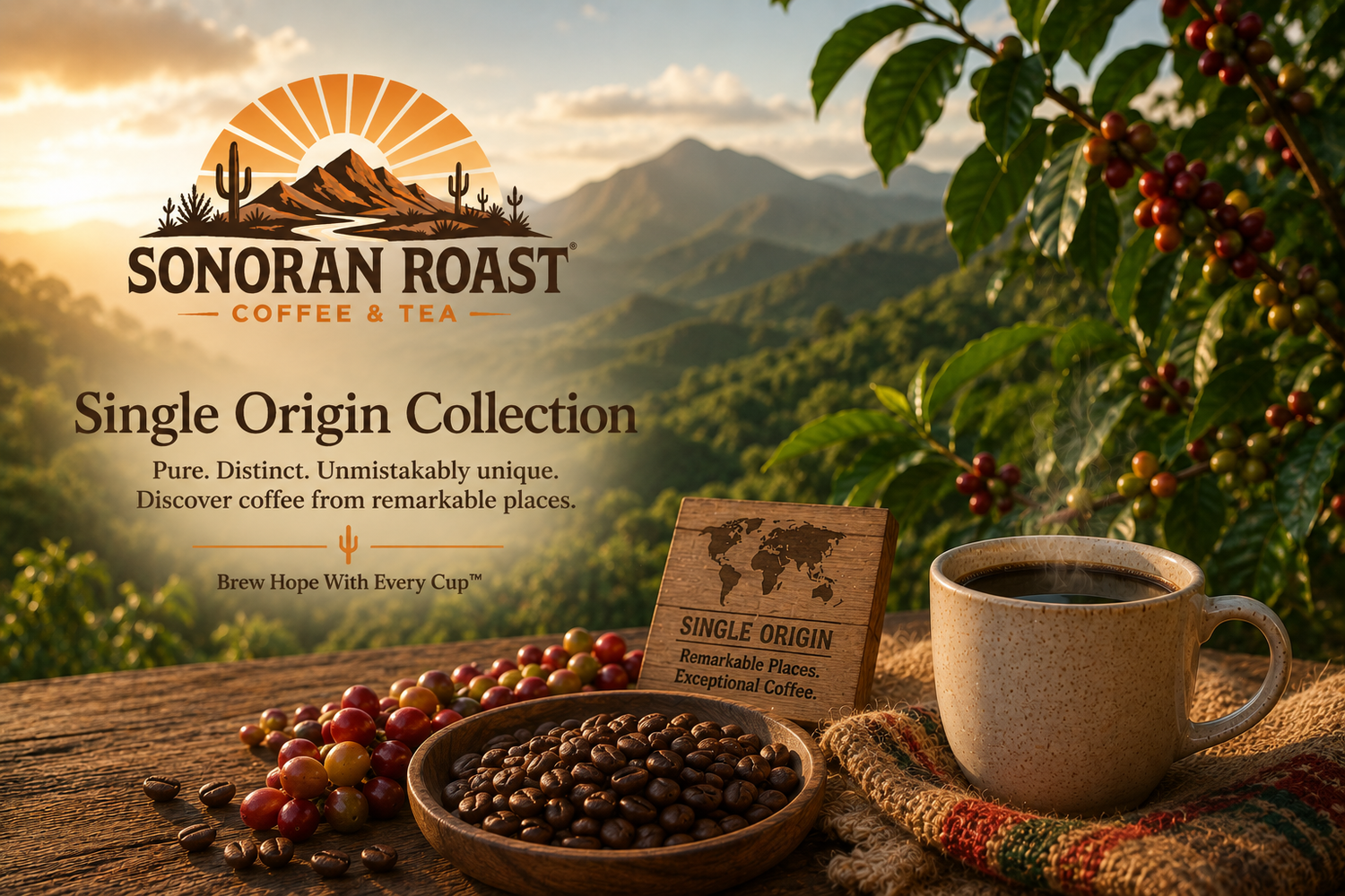 Coffee cherries, roasted beans, and a steaming cup overlooking a mountain coffee farm for the Sonoran Roast Single Origin Collection.