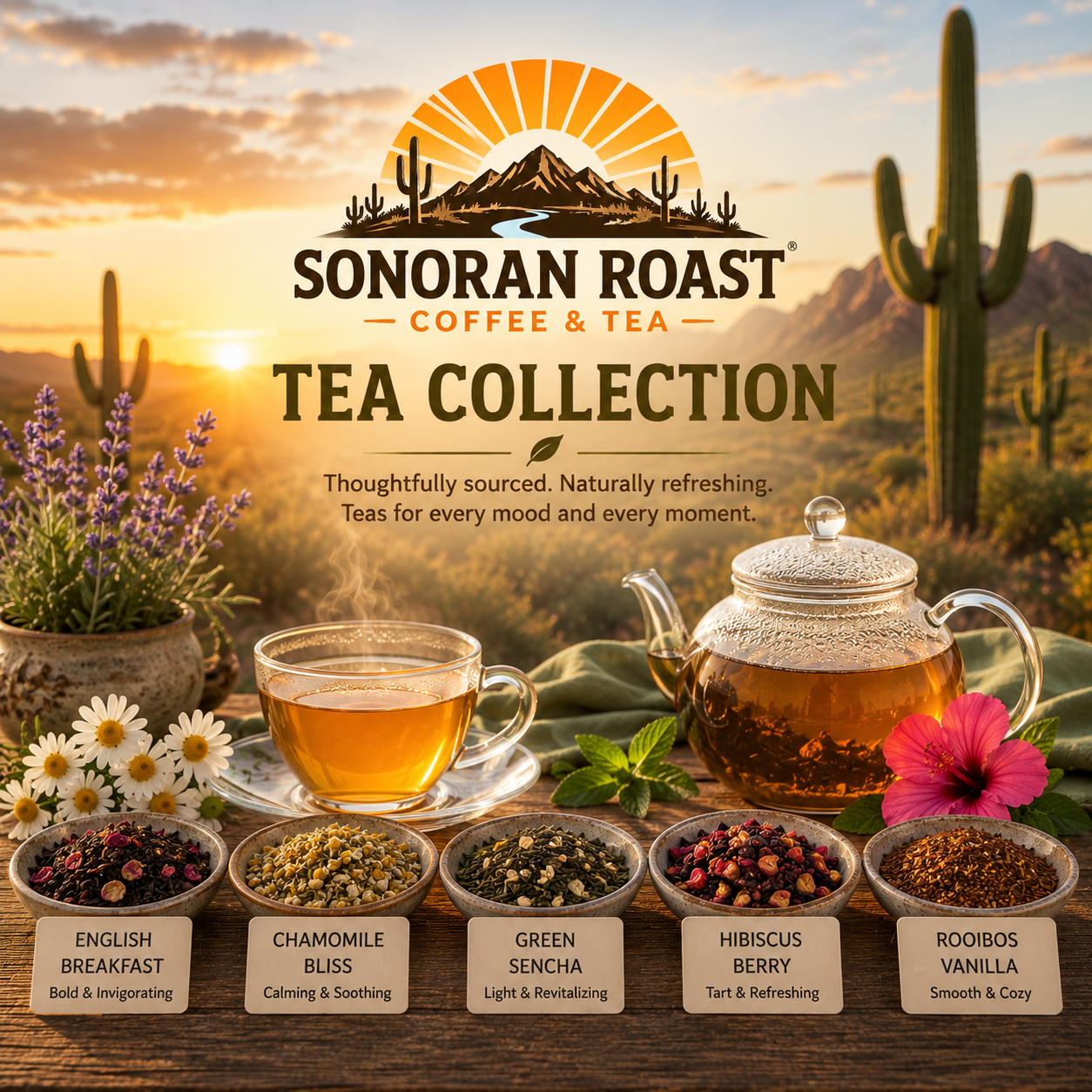 Sonoran Roast Coffee And Tea Tea Collection featuring a glass teapot, steaming tea, and colorful loose-leaf tea varieties in a golden Sonoran Desert setting.