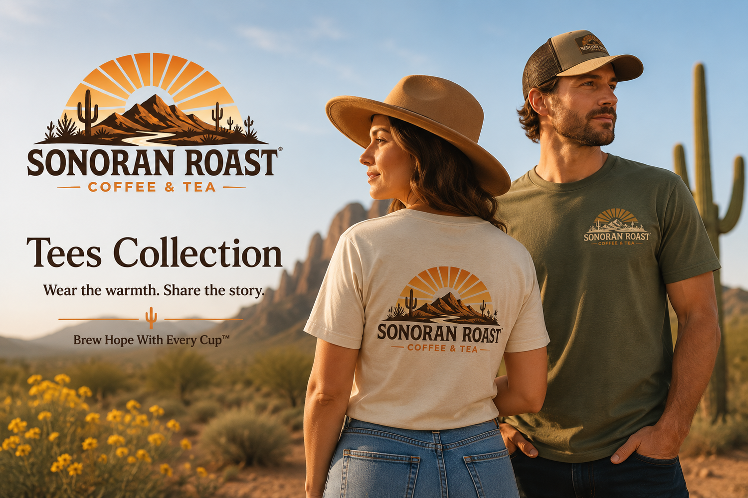 Two people wearing Sonoran Roast Coffee And Tea logo T-shirts in the Arizona desert for the Tees Collection.