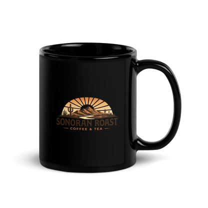 11 ounce black Sonoran Roast Glossy Mug with handle on right