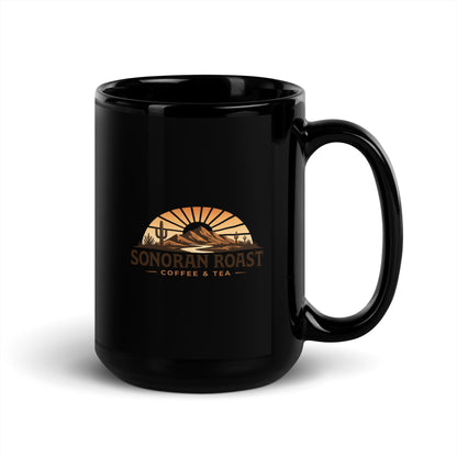 15 ounce black Sonoran Roast Glossy Mug with handle on right