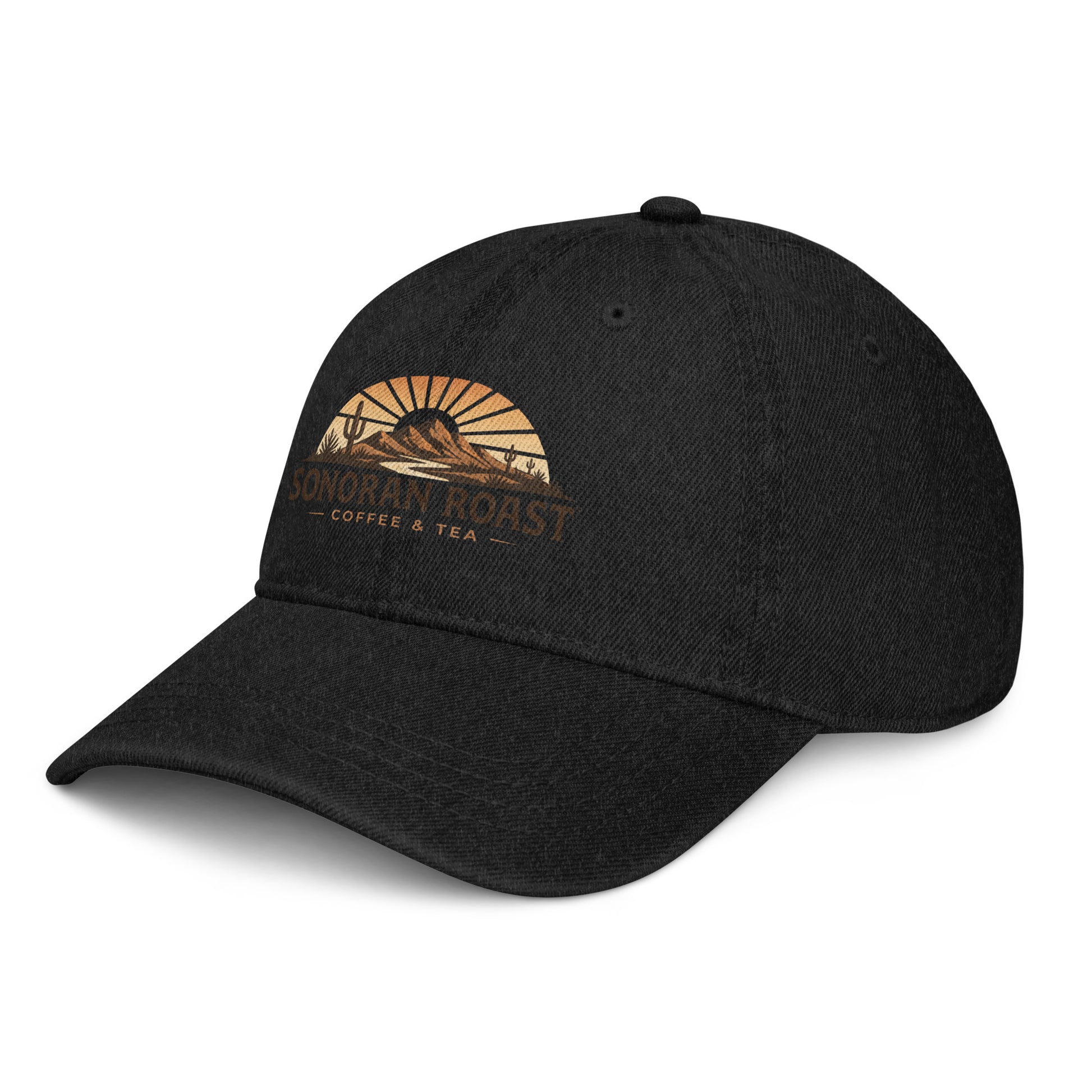 Left front view of black Sonoran Roast Denim Hat