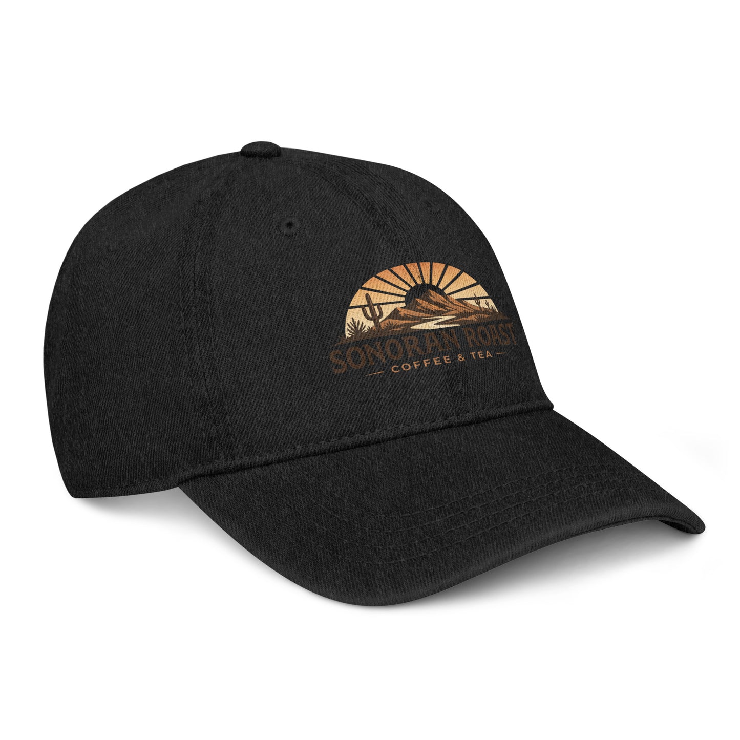 Right front view of black Sonoran Roast Denim Hat