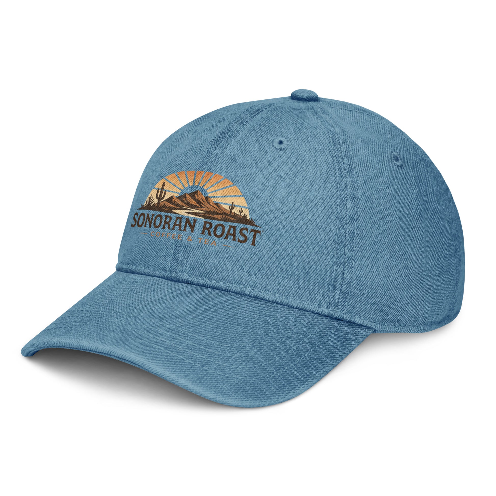 Left front view of blue Sonoran Roast Denim Hat