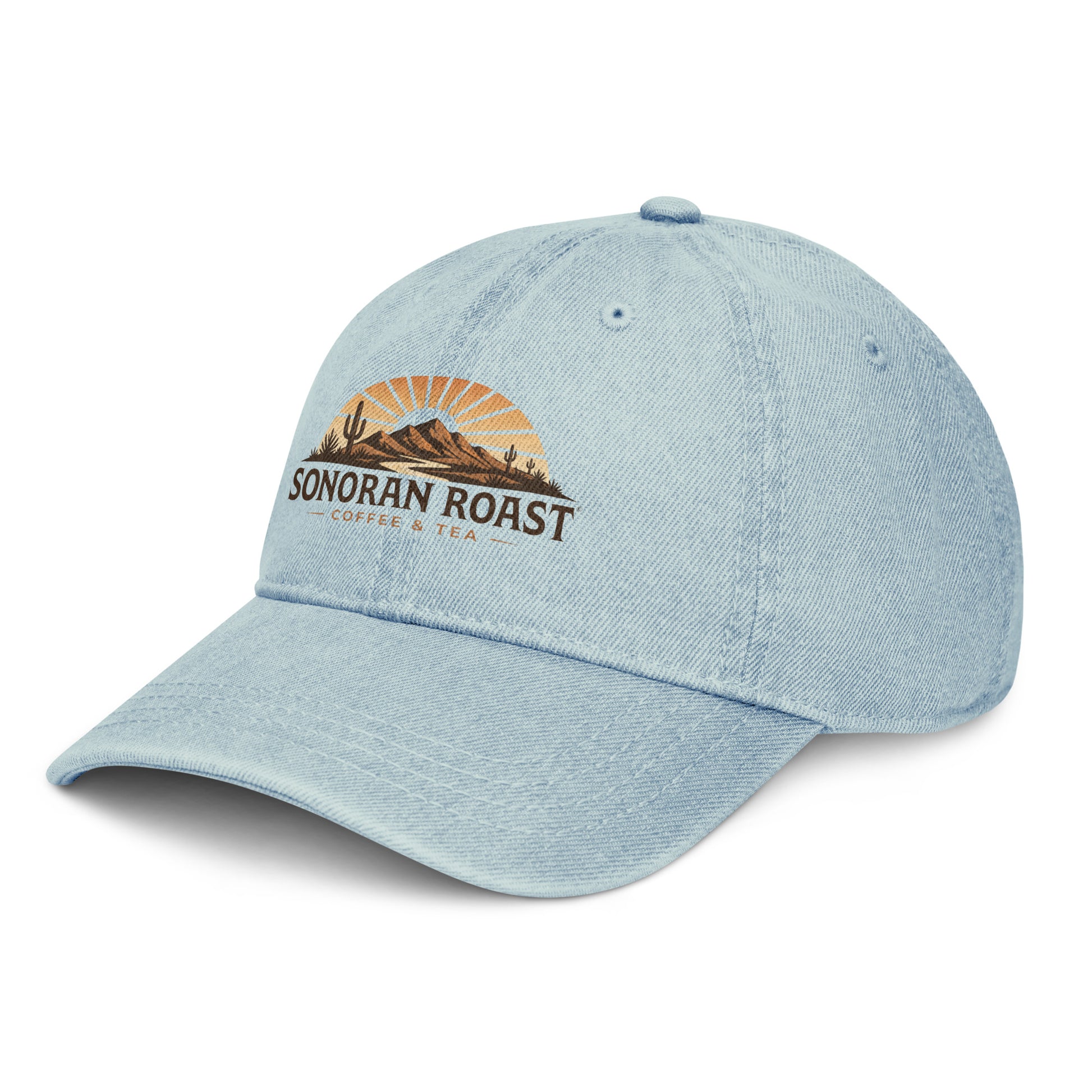 Left front view of light blue Sonoran Roast Denim Hat