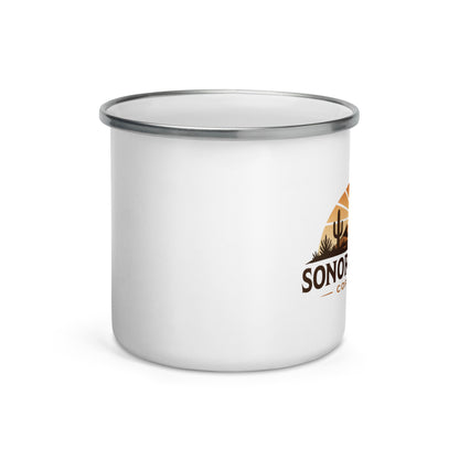 Front view of white 12 ounce Sonoran Roast Enamel Mug