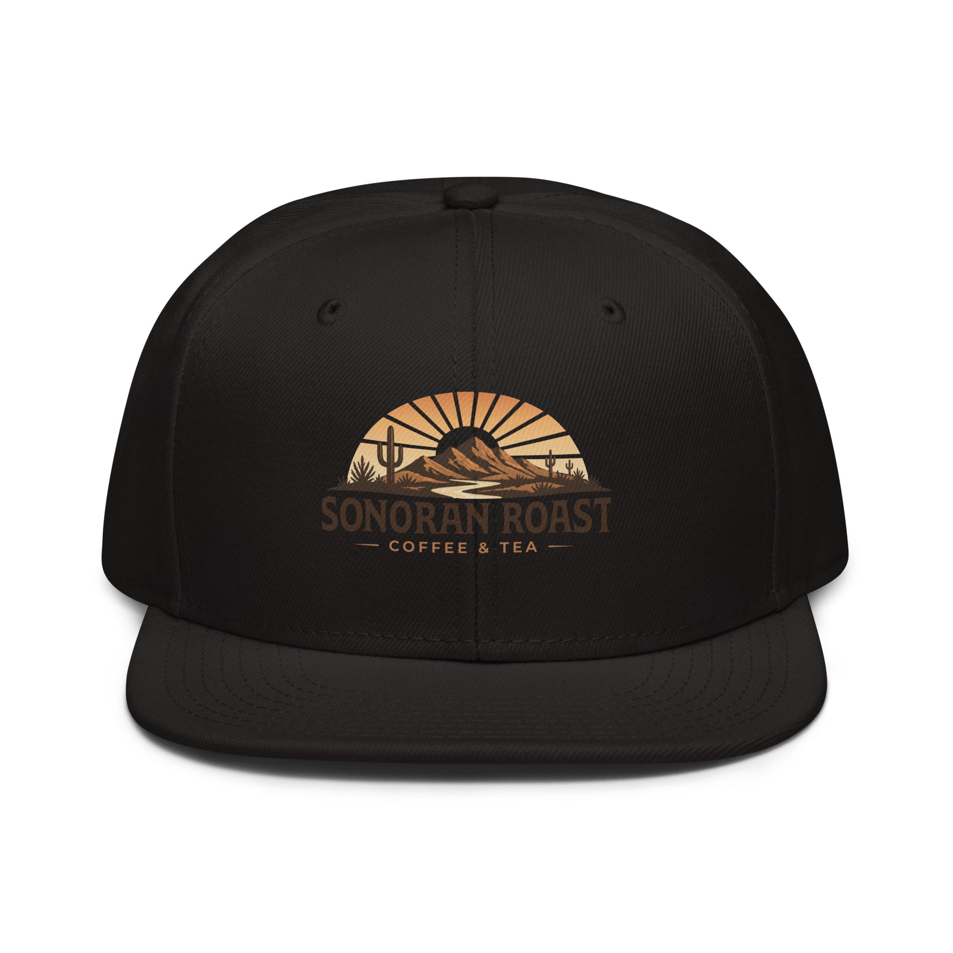 Front view of black Sonoran Roast Snapback Hat
