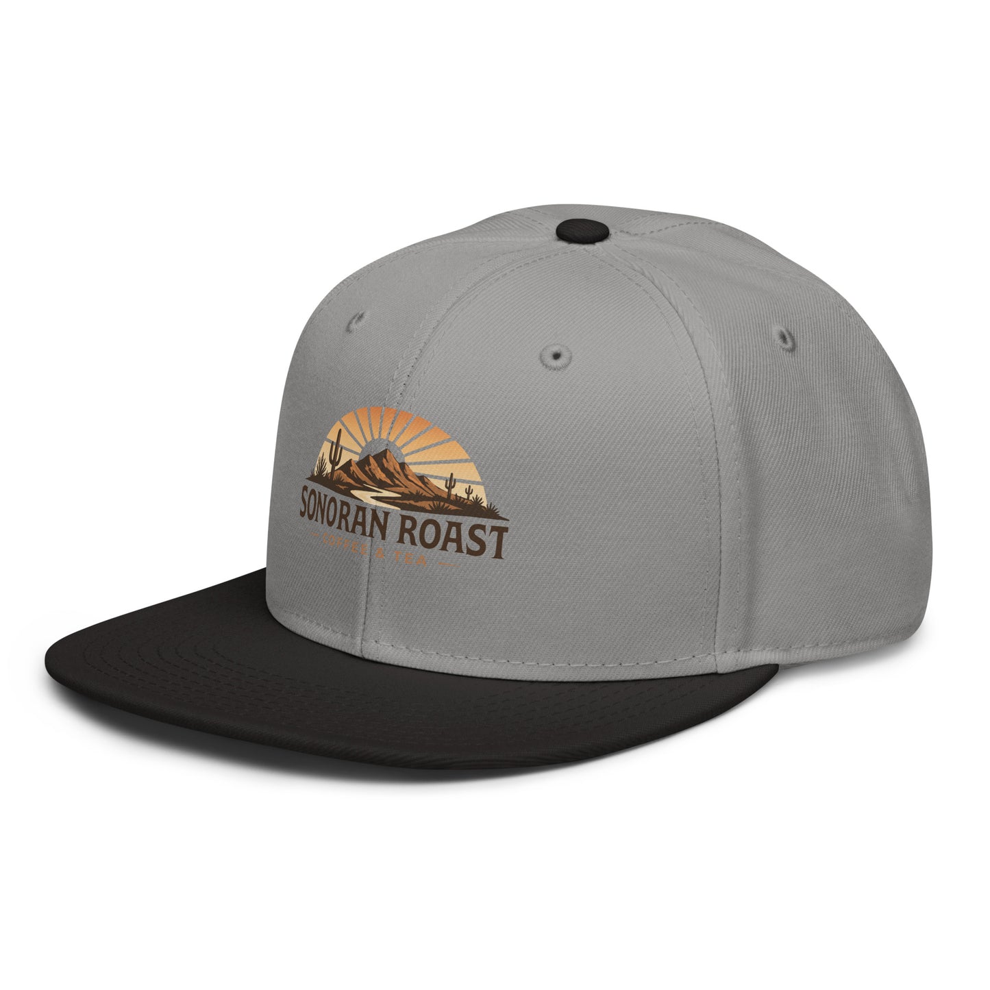 Left front view of black and gray Sonoran Roast Snapback Hat