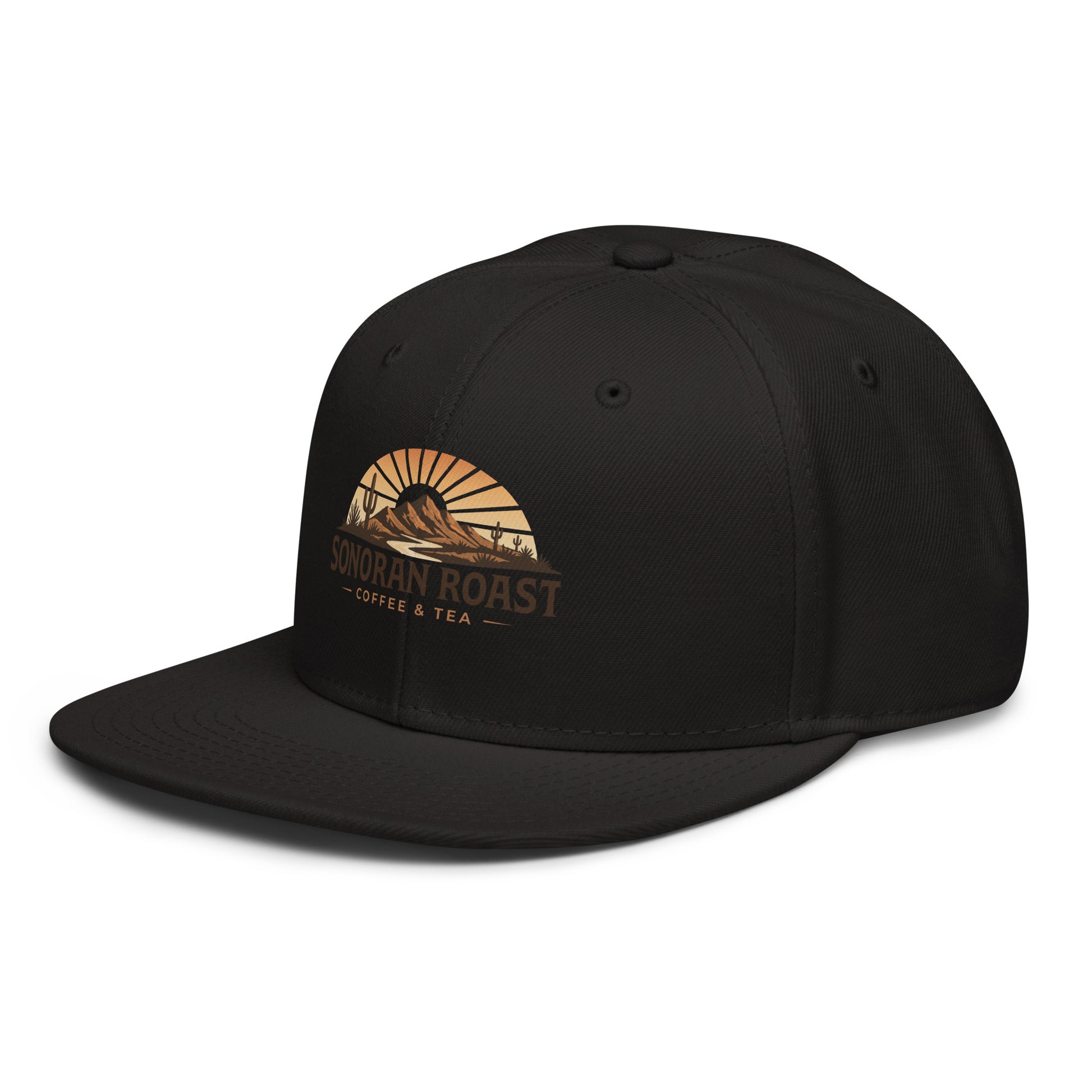 Left front view of black Sonoran Roast Snapback Hat