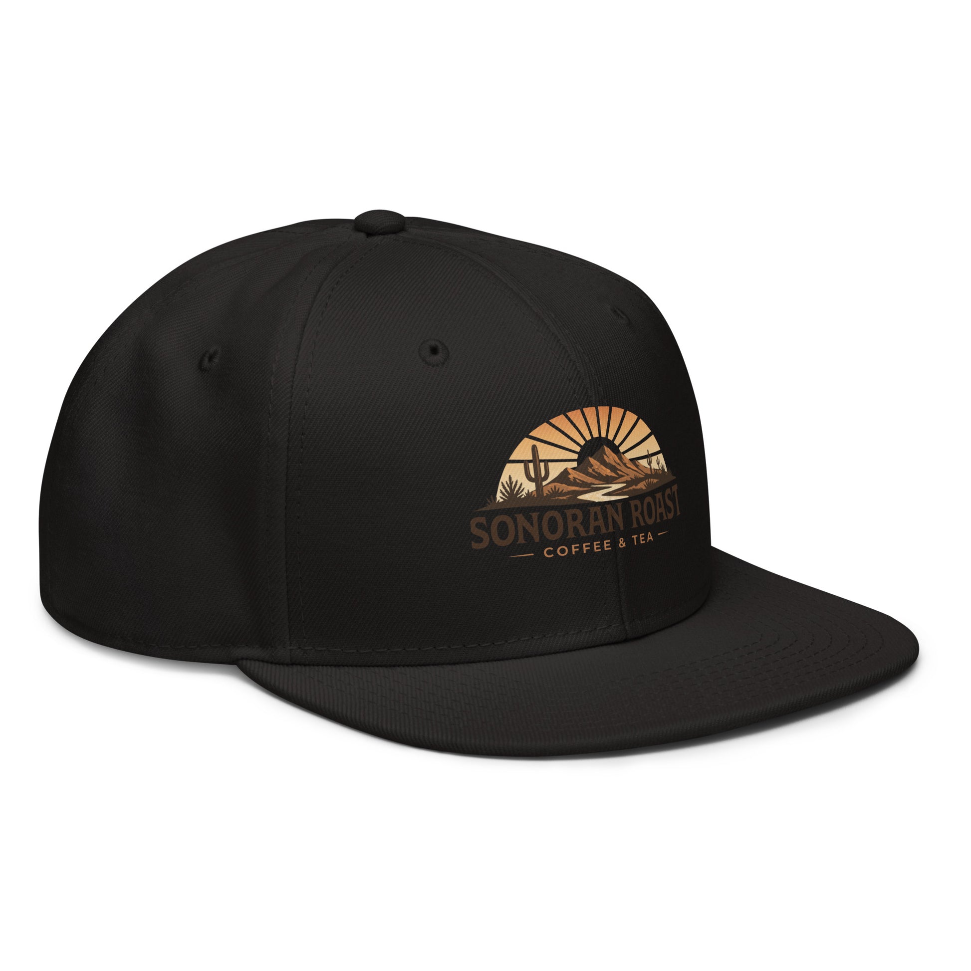 Right front view of black Sonoran Roast Snapback Hat