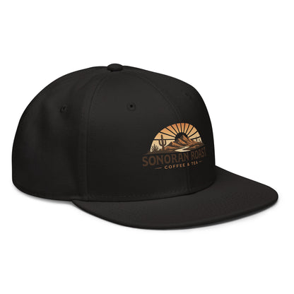 Right front view of black Sonoran Roast Snapback Hat