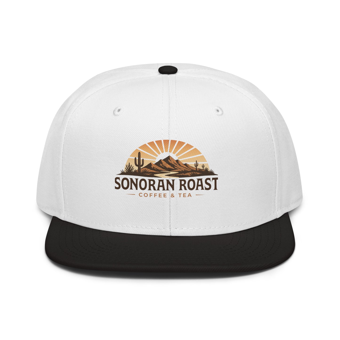 Front view of black and white Sonoran Roast Snapback Hat