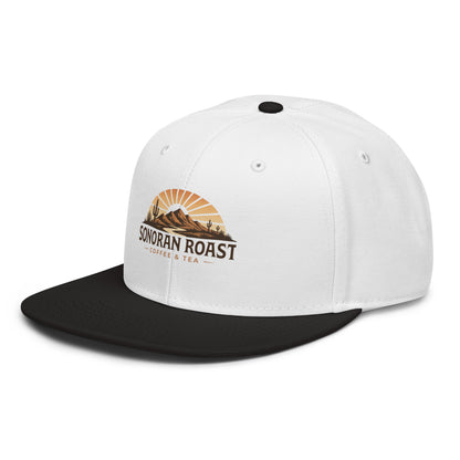 Left front view of black and white Sonoran Roast Snapback Hat