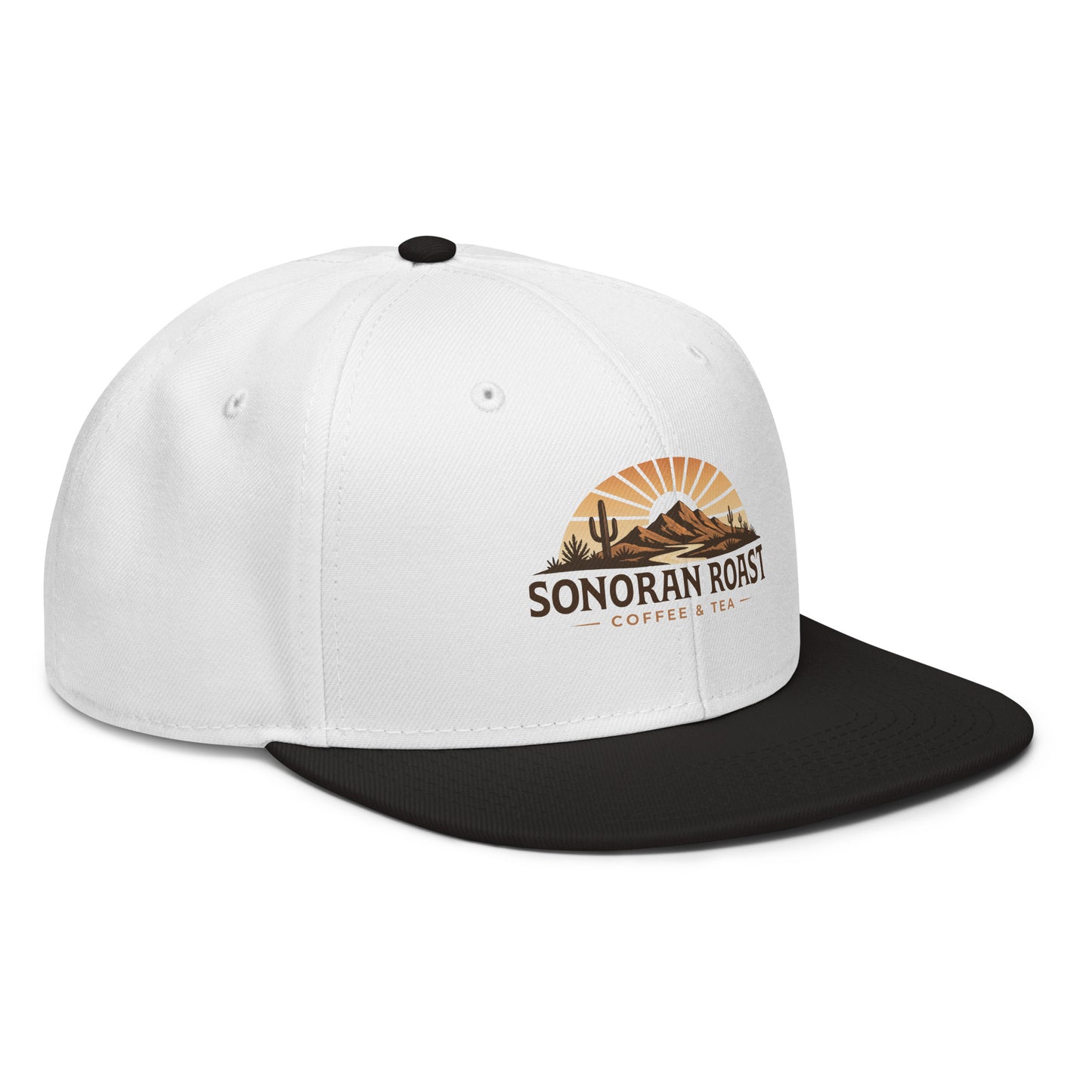 Right front view of black and white Sonoran Roast Snapback Hat