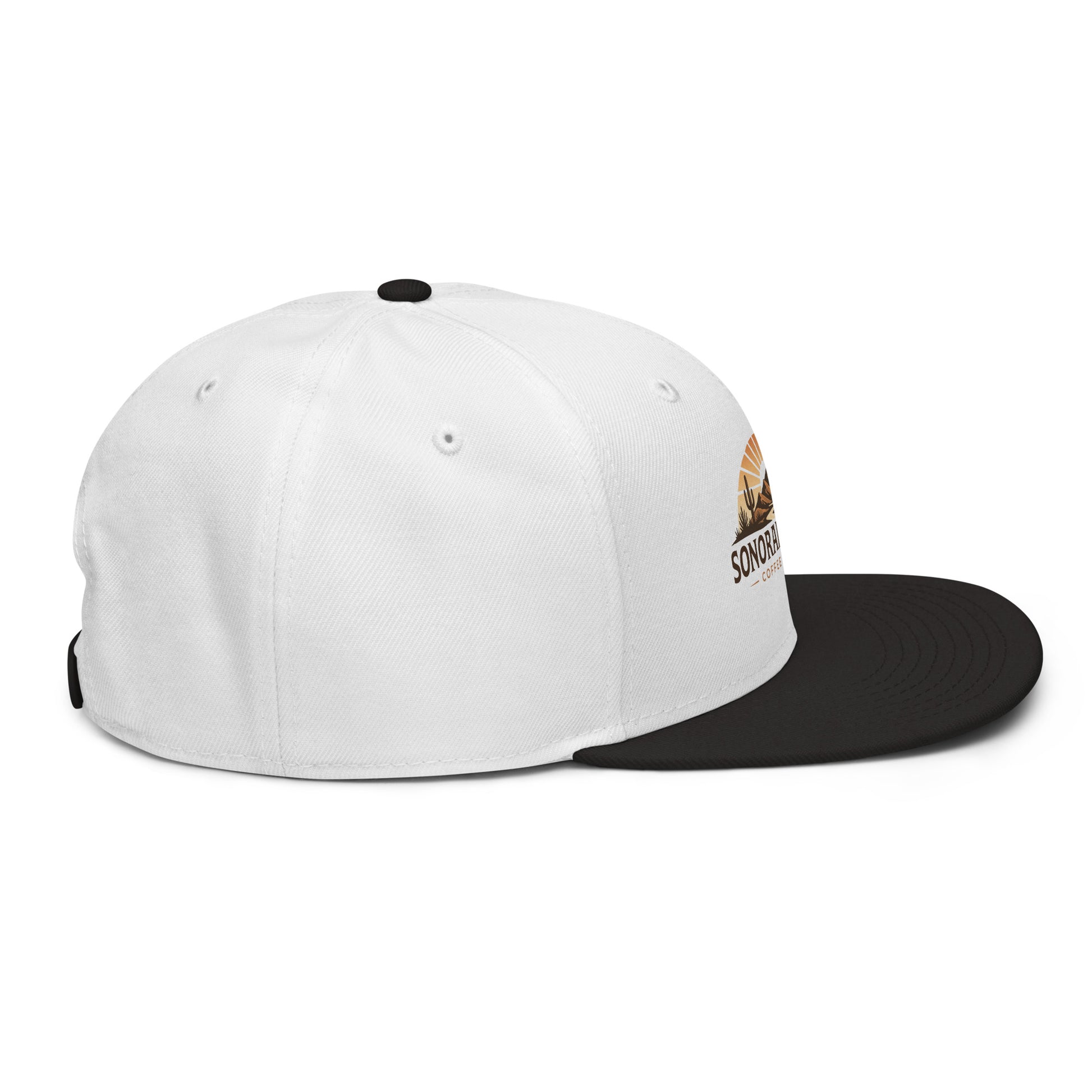 Right side view of black and white Sonoran Roast Snapback Hat