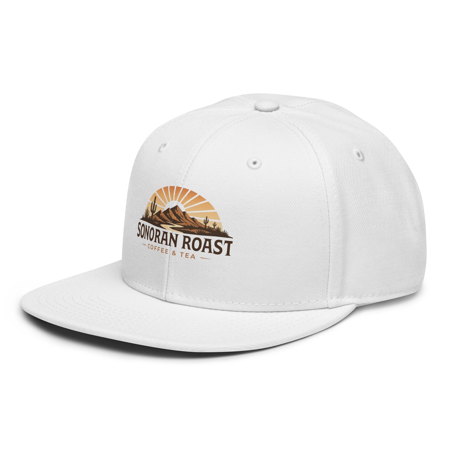 Left front view of white Sonoran Roast Snapback Hat