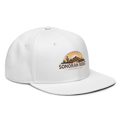 Right front view of white Sonoran Roast Snapback Hat