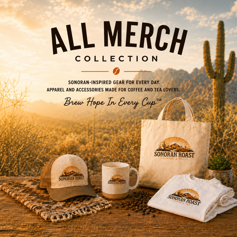 All Merch Collection grid image featuring Sonoran Roast tote, cap, mug and shirt in the Sonoran Desert