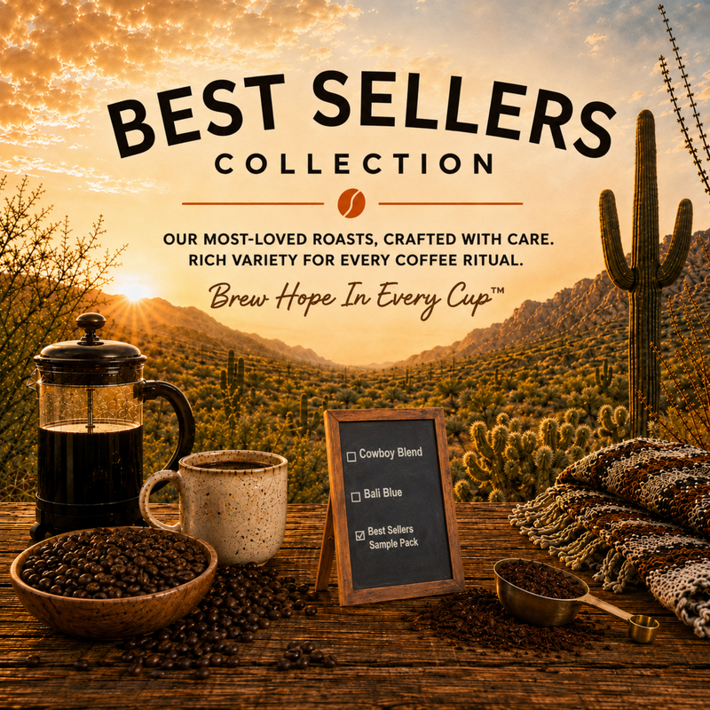 Best Sellers Collection grid image featuring a French press, mug, coffee beans and sample-pack chalkboard in the Sonoran Desert