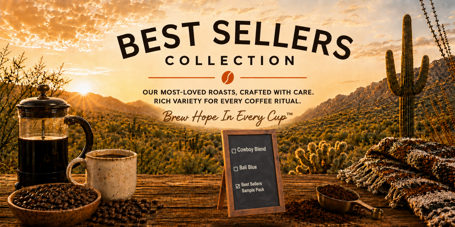 Best Sellers Collection desktop banner featuring a French press, mug, coffee beans and sample-pack chalkboard in the Sonoran Desert