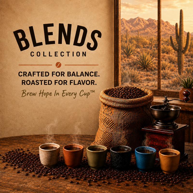 Blends Collection grid image featuring six coffee cups, woven bean basket and grinder in a Sonoran Desert kitchen