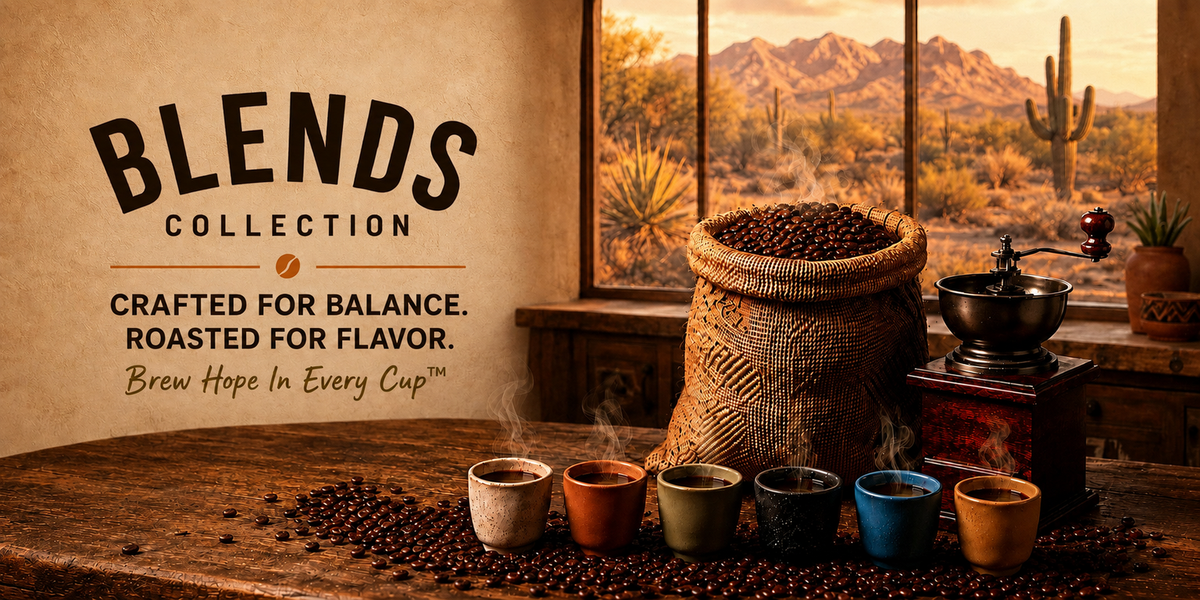 Blends Collection desktop banner featuring six coffee cups, woven bean basket and grinder in a Sonoran Desert kitchen