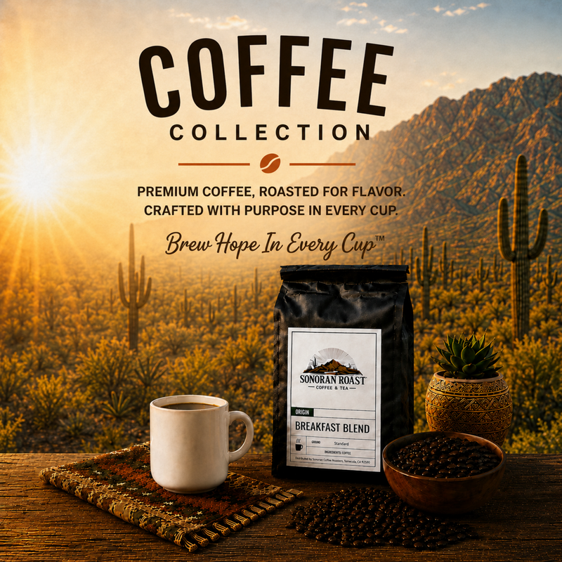 Square Coffee Collection image featuring Sonoran Roast Breakfast Blend, a filled coffee mug, roasted beans, patterned textiles, and Sonoran Desert scenery.