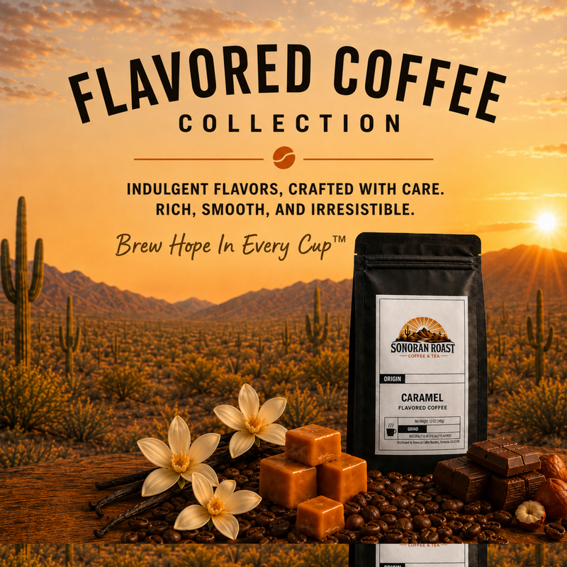 Flavored Coffee collection grid image with Sonoran Roast Caramel flavored coffee at sunset