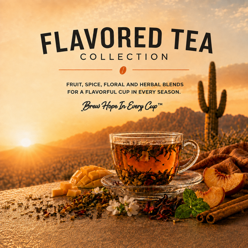 Flavored Tea Collection grid image with curved sans-serif title, amber loose-leaf tea, fruit, herbs and spices
