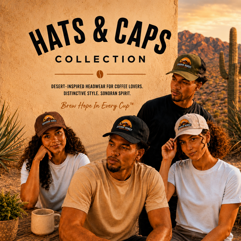 Hats & Caps collection square grid image with four models wearing Sonoran Roast headwear in a warm Sonoran Desert setting