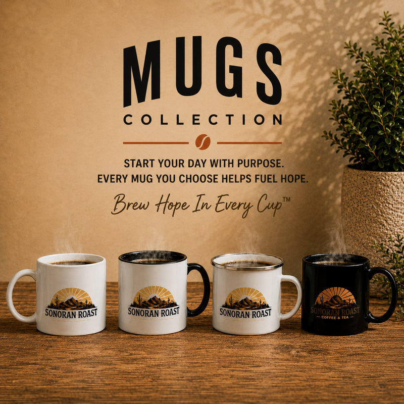 Mugs collection grid image featuring four Sonoran Roast mugs fully visible in a square warm rustic tabletop composition.