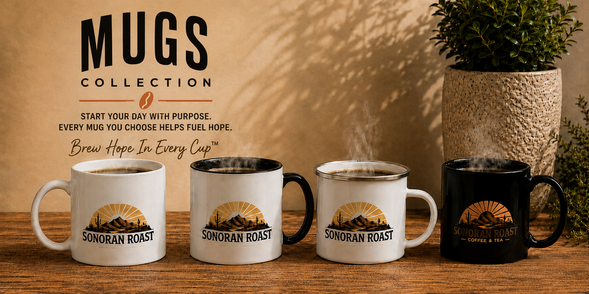 Mugs Collection desktop hero featuring four Sonoran Roast mugs on a warm rustic tabletop