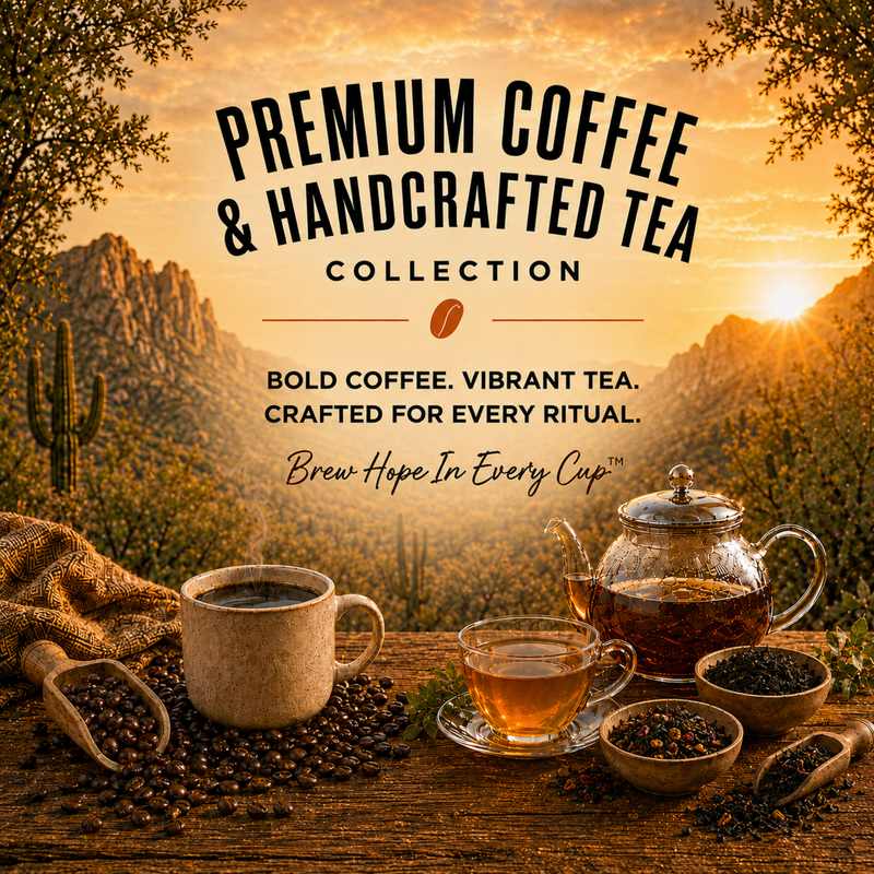 Premium Coffee & Handcrafted Tea collection grid image featuring coffee and tea at a Sonoran desert sunrise.