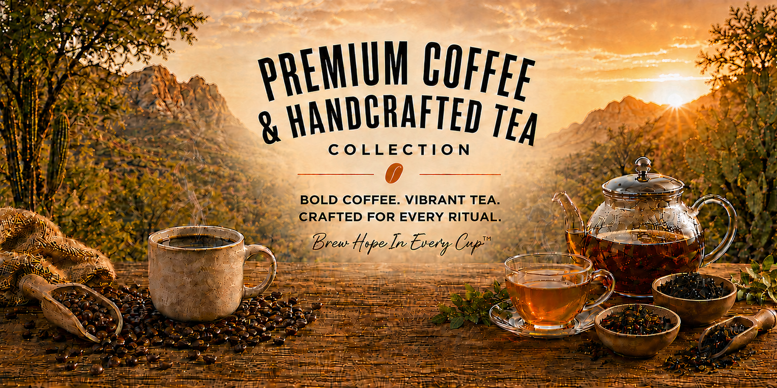 Premium Coffee & Handcrafted Tea collection desktop hero with coffee and tea at a Sonoran desert sunrise