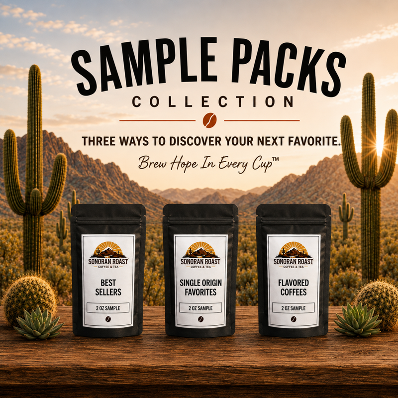 Sample Packs collection grid image featuring three Sonoran Roast 2 oz coffee sampler bags in a square Sonoran Desert sunrise composition.