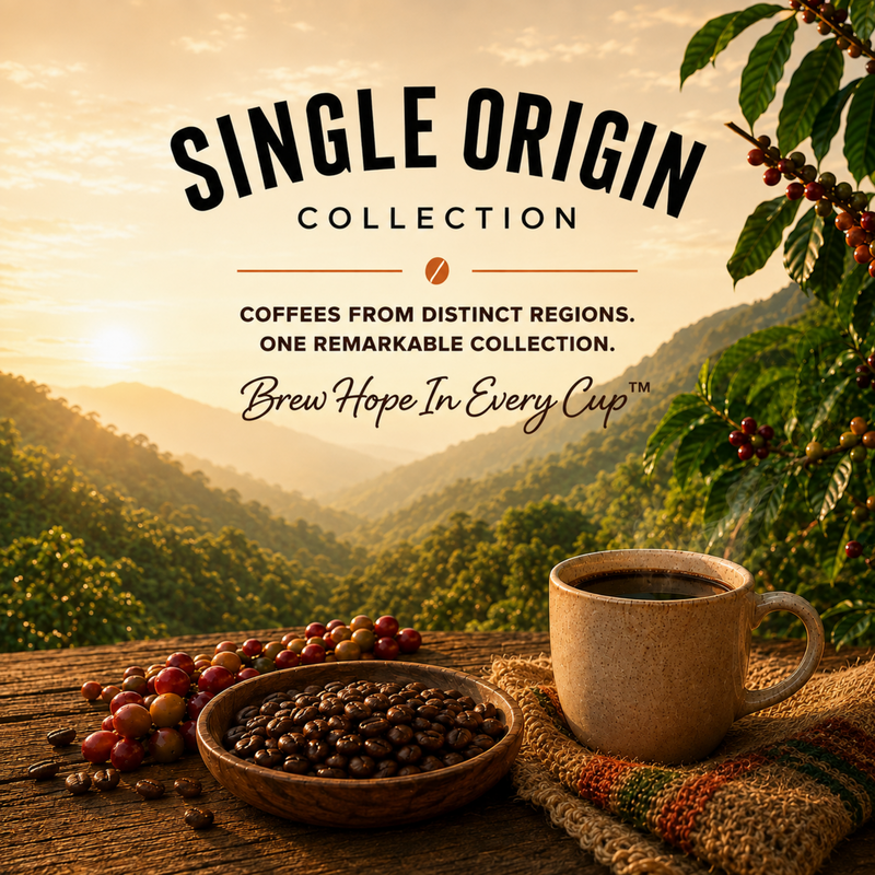 Single Origin Collection square grid image featuring coffee, ripe cherries, and a golden mountain coffee farm