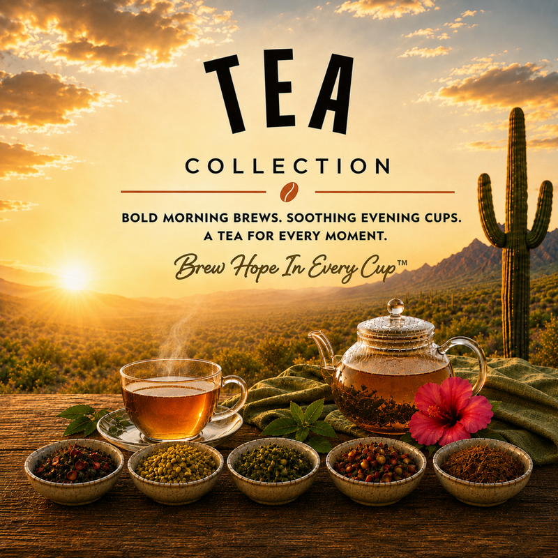 Tea Collection square grid image featuring glass teaware, five loose-leaf teas, and a Sonoran Desert sunrise
