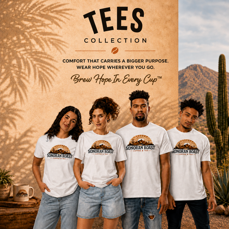 Tees Collection square grid image featuring four models wearing Sonoran Roast logo shirts in an Arizona desert setting