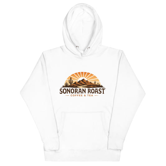 Front view of white Sonoran Roast Unisex Hoodie