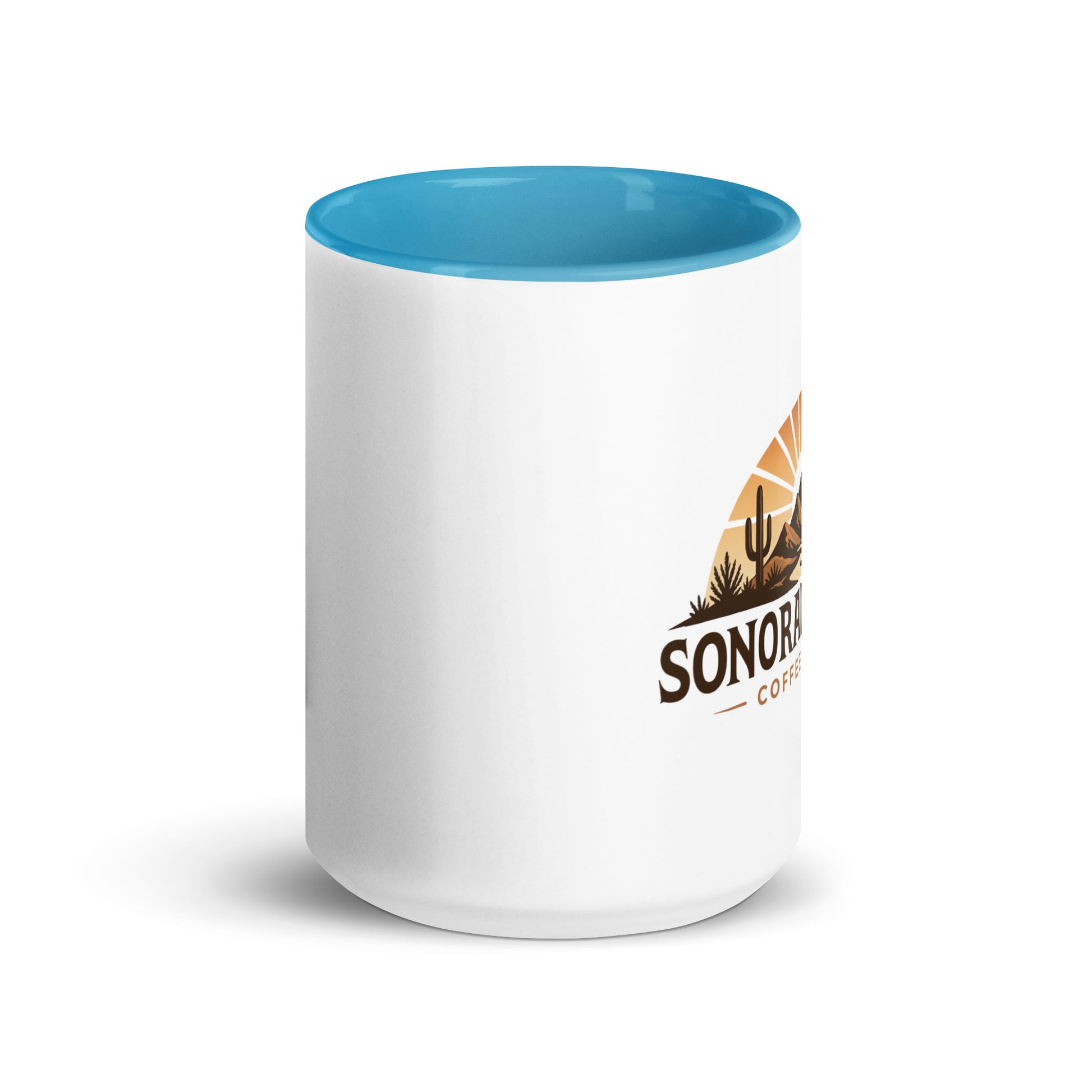 Front view of 15 ounce Sonoran Roast Mug with blue color inside